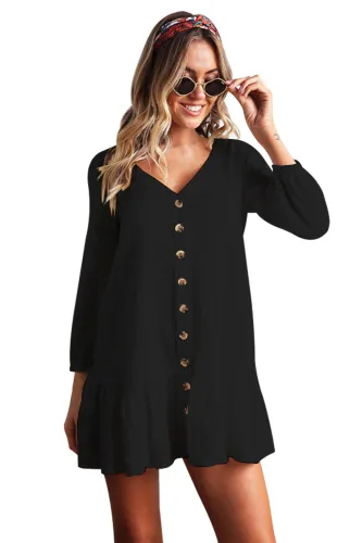Sleeved Buttoned Black Casual Short Dress