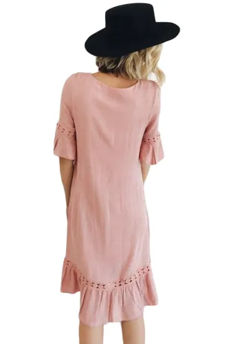 Blush Pink Half Sleeves Wide Ruffle Hem Midi Dress