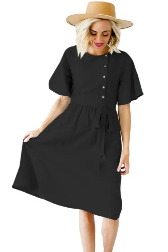 Black Asymmetrical Button Up Front Midi Dress