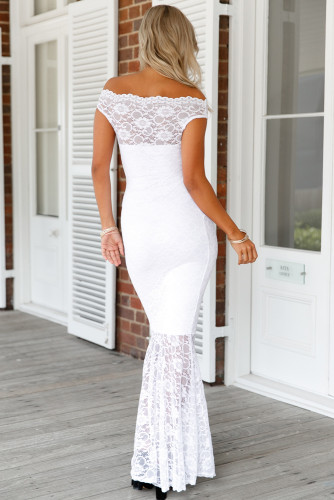 White Bardot Lace Fishtail Maxi Dress