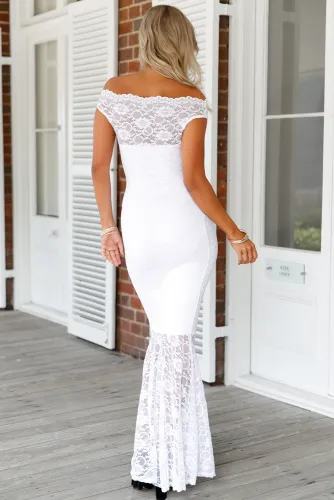 White Bardot Lace Fishtail Maxi Dress
