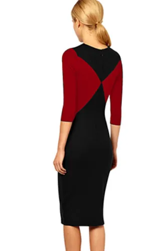 Red Black Patchwork Pencil Midi Dress