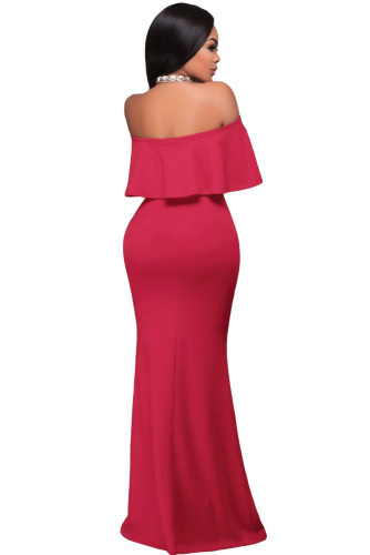 Rosy Ruffle Off Shoulder Maxi Party Dress