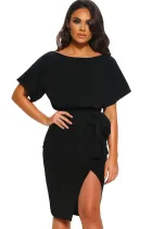 Black Belted Wrap Front Midi Dress