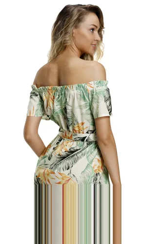 Tropical Leaf and Flower Print Off Shoulder Summer Dress
