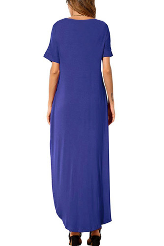 Blue Casual Loose Pocket Short Sleeve Split Maxi Dress