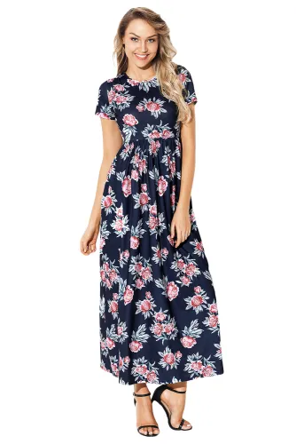 Pocket Design Short Sleeve Dark Blue Floral Maxi Dress