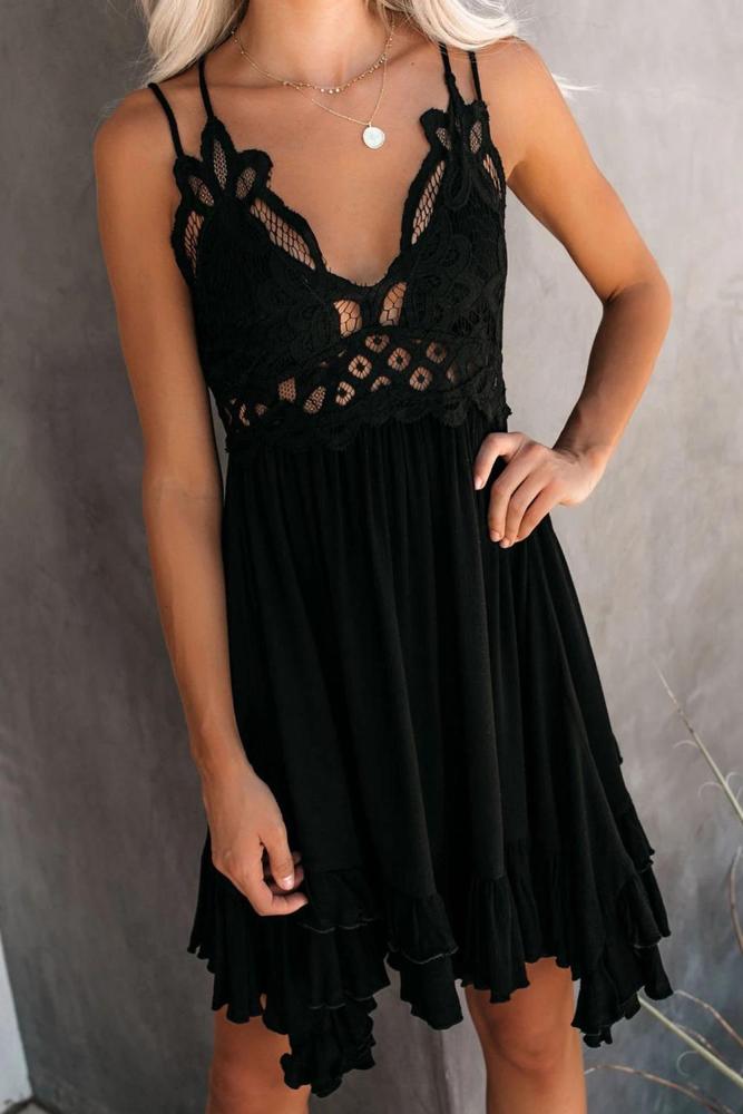 Black Crochet Lace Ruffle Dress