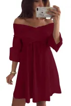 Wine Crossed Smocking Off Shoulder Mini Dress