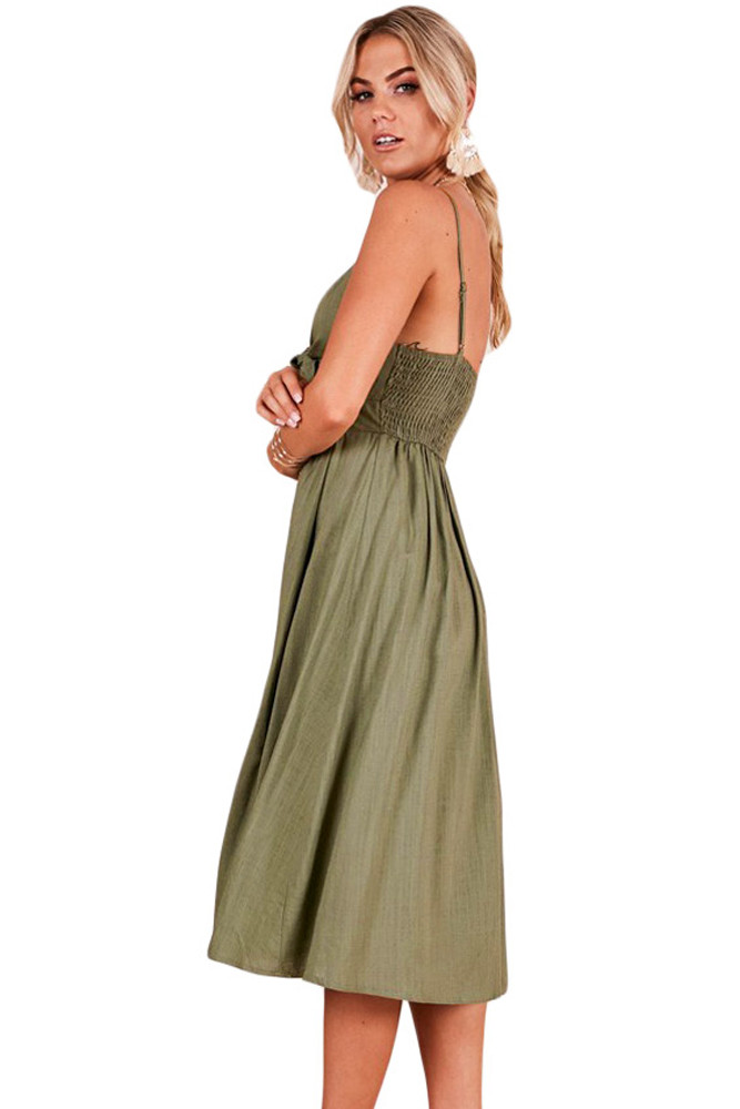 Army Green Sexy Backless Tie Front Button Skirt Midi Dress