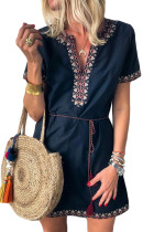 Blue Summer Boho Embroidered V Neck Short Sleeve Casual Mini Dress
