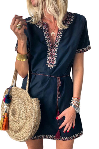 Blue Summer Boho Embroidered V Neck Short Sleeve Casual Mini Dress