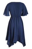 Blue Chiffon Irregular Hem Short Sleeve Pleated Dress