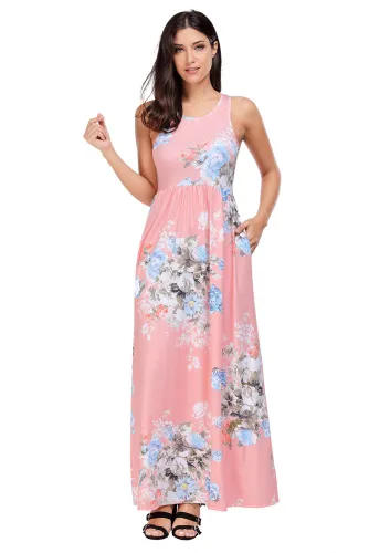 Blush Floral Print Sleeveless Long Boho Dress