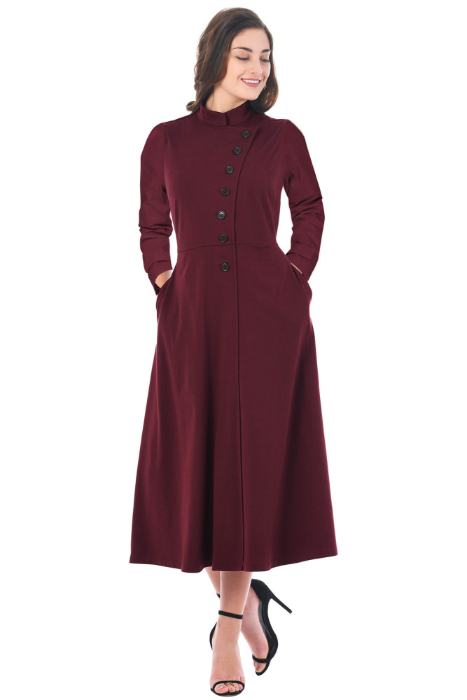 Purplish Red Side Button Mandarin Collar A-line Midi Dress