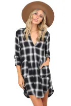 Black White Plaid Pocket Style Shirt Dress
