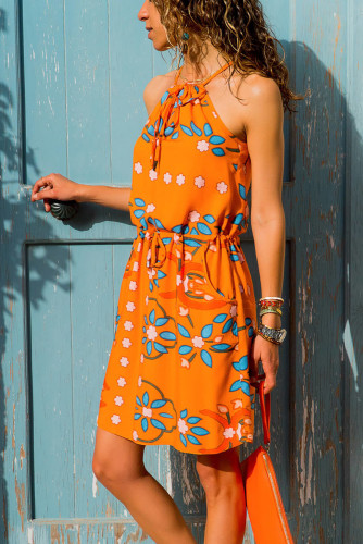 Orange Floral Print Tank Tunic Dress
