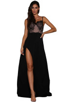 Black Lace Illusion Top High Slit Evening Dress