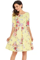 Yellow Vintage Style Floral Half Sleeve Swing Dress