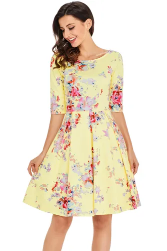 Yellow Vintage Style Floral Half Sleeve Swing Dress