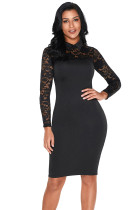 Black Lace Sleeve Doll Collar Bodycon Retro Midi Dress