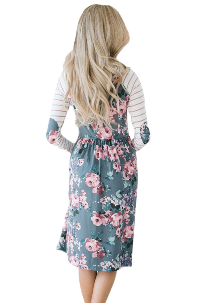 Gray Floral Stripe Long Sleeve Side Pocket Boho Dress
