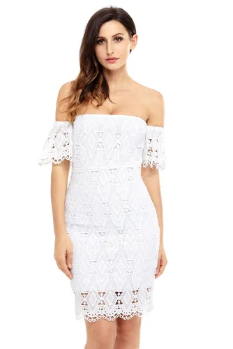 White Short Sleeve Off Shoulder Diamond Lace Bodycon Dress