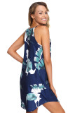 Palm Tree Leaf Print Navy Sleeveless Dress