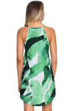 Green Leaf Print Sleeveless Dress