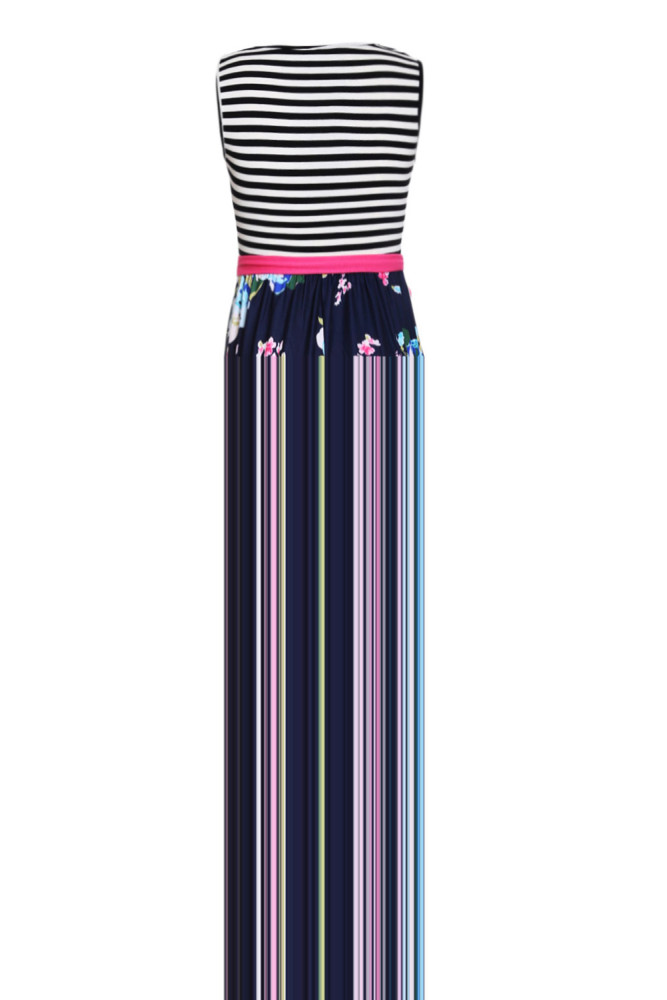 Blue Pink Floral Striped Sleeveless Boho Dress
