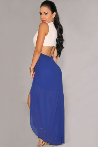 White Blue Cut-Out Side Slit Maxi Dress