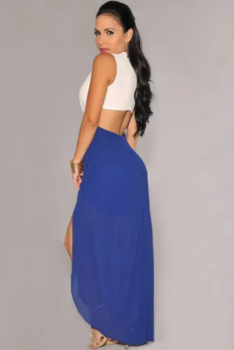 White Blue Cut-Out Side Slit Maxi Dress
