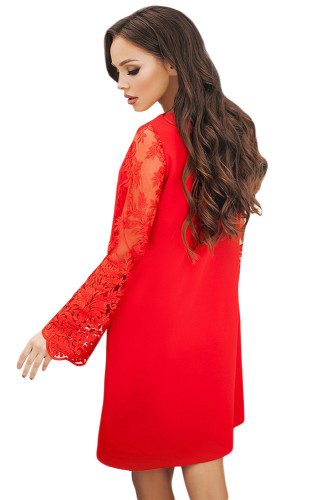 Red Sheer Floral Sleeve Swing Dress