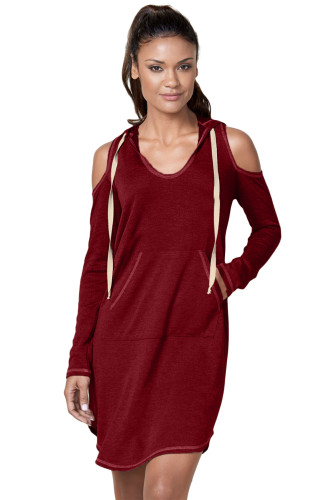 Burgundy Long Sleeve Cold Shoulder Hooded Dress