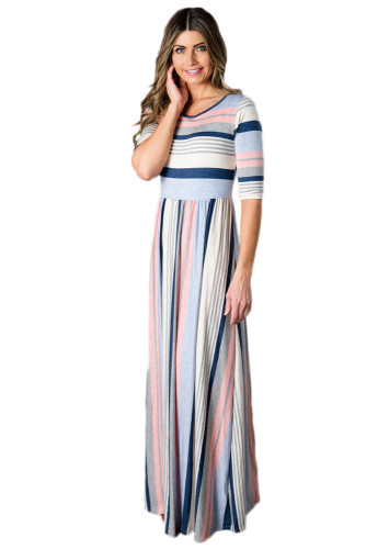 Light Multicolor Striped Half Sleeve Casual Maxi Dress