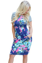 Royal Blue Striped Short Sleeve Body-hugging Floral Dress