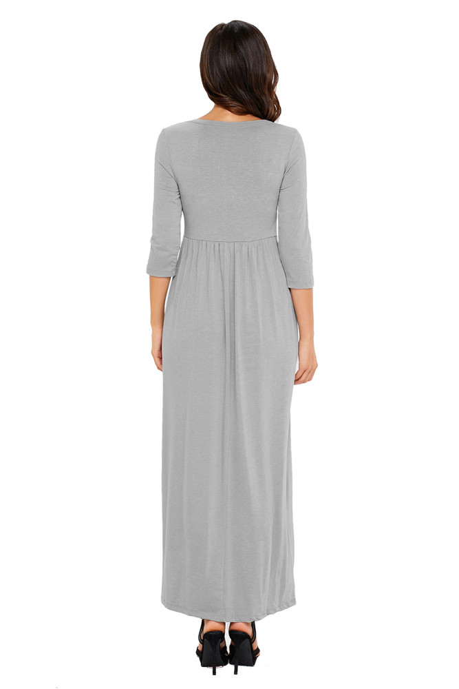 Grey Pocket Design 3/4 Sleeves Maxi Dress