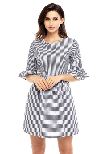 Black White Stripe Flounce Sleeve Seersucker Dress