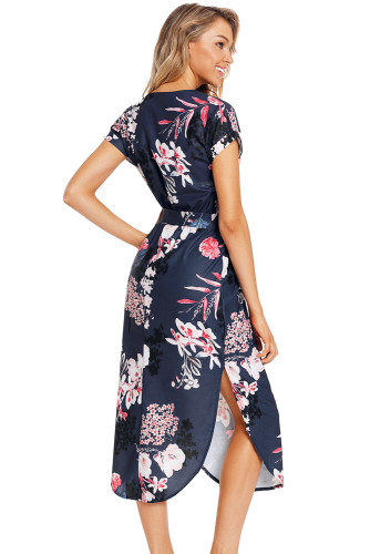 Navy Pink Floral Print Pencil Dress