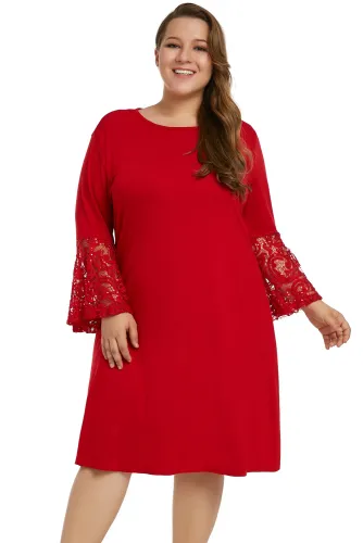 Red Sequin Lace Bell Sleeve Plus Size Mini Dress
