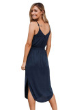 Blue Spaghetti Straps Drawstring Waist Midi Dress