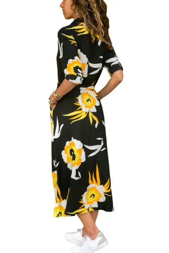 Black Yellow Floral Print Buttoned Belted Shirt Dress