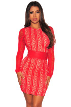 Red Lace Nude Illusion Corset Belted Mini Dress