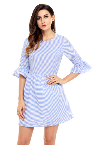 Navy White Stripe Flounce Sleeve Seersucker Dress