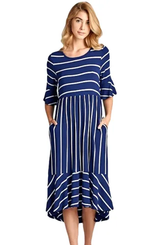 Navy White Striped Bell Sleeve Hi-low Midi Dress
