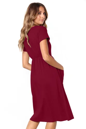 Red Stylish Button Front Midi Dress with Pockets