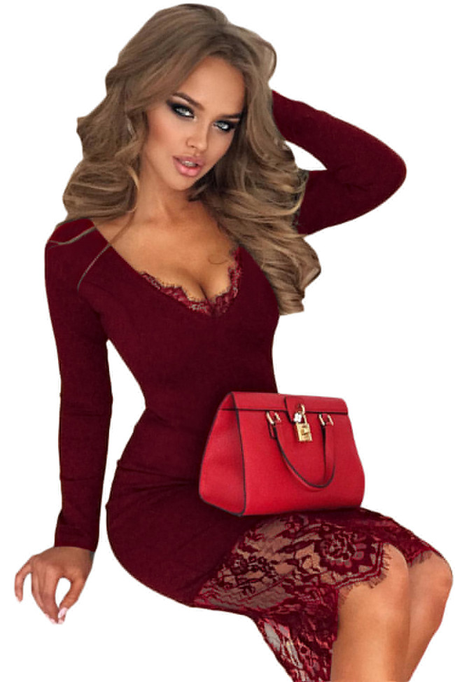 Burgundy Eyelash Lace Overlay Long Sleeve Bodycon Dress