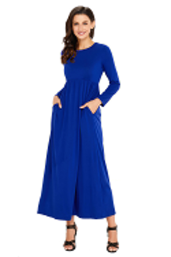 Blue Long Sleeve High Waist Maxi Jersey Dress