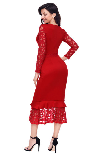 Red Hollow-out Long Sleeve Lace Ruffle Bodycon Midi Dress
