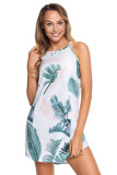 Palm Tree Leaf Print Ivory Sleeveless Dress